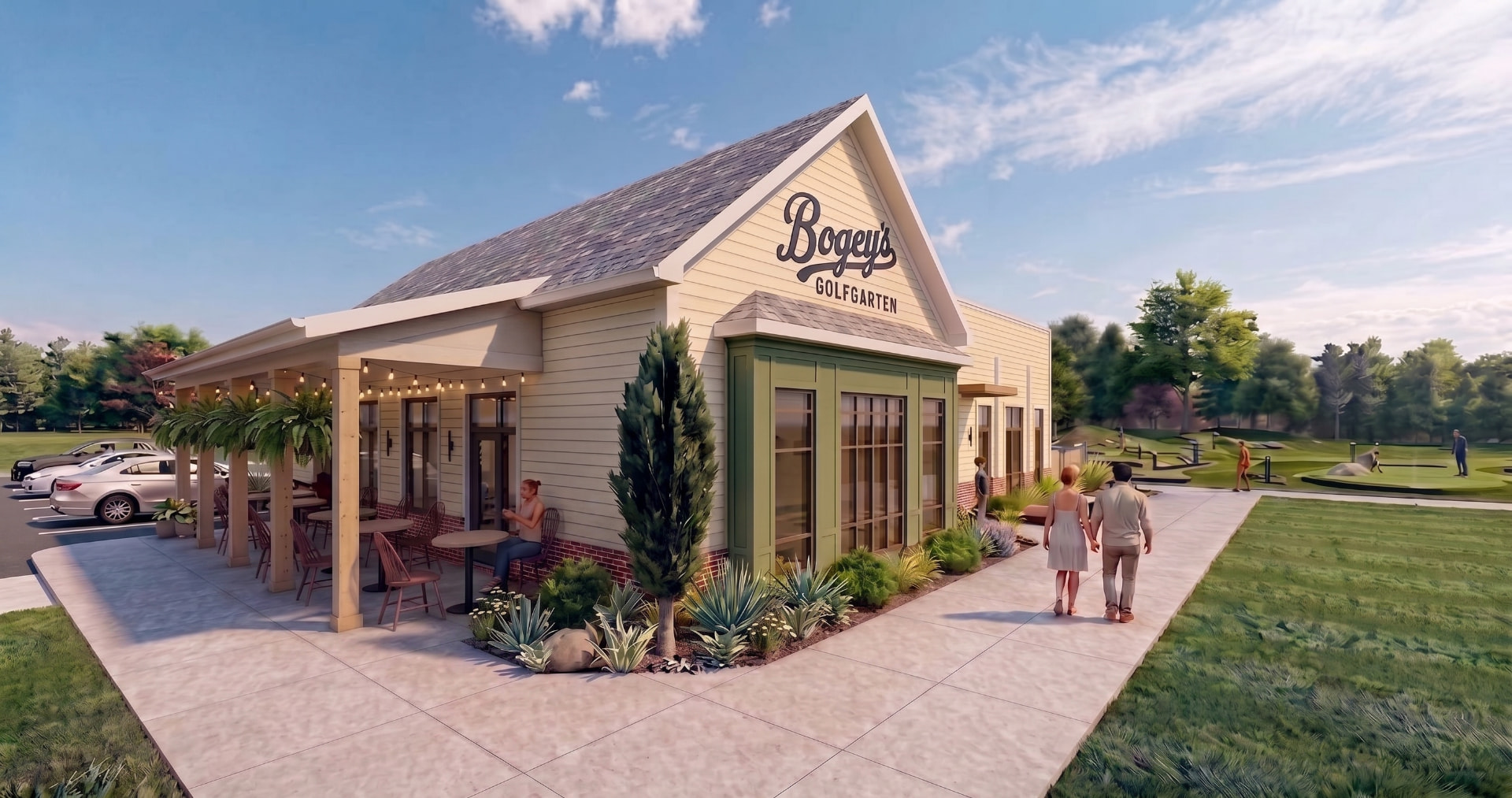 Rendering of the Bogey's Golfgarten clubhouse with covered patio seating and the putting course alongside