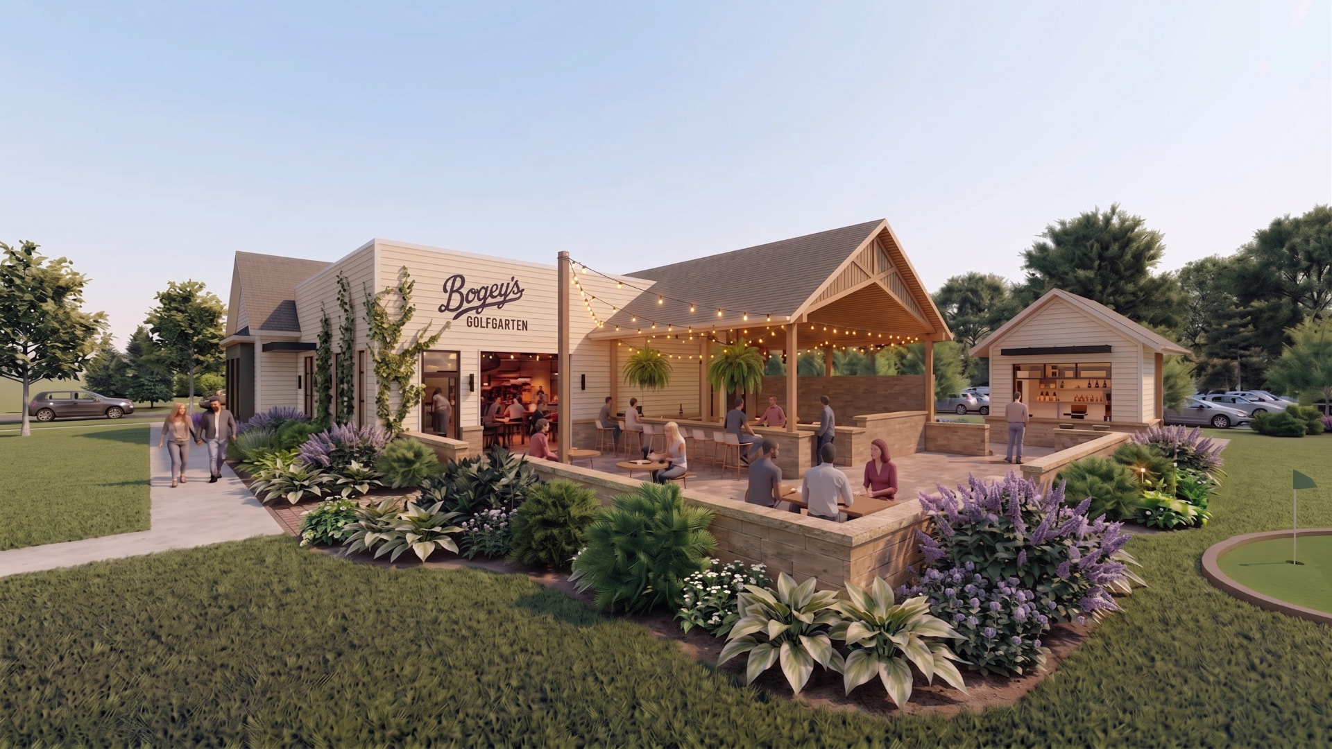 Rendering of the Bogey's Golfgarten outdoor bar and biergarten with string lights and garden seating