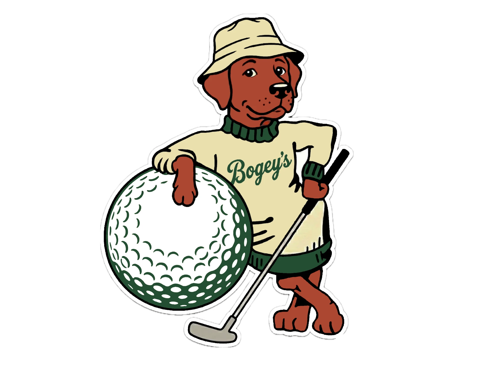 Waylon, the Bogey's Golfgarten mascot, leaning on a golf ball with a putter
