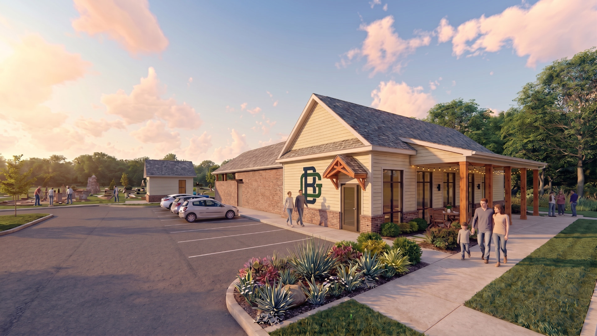 Rendering of the Bogey's Golfgarten arrival side with the BG monogram, porch, and parking